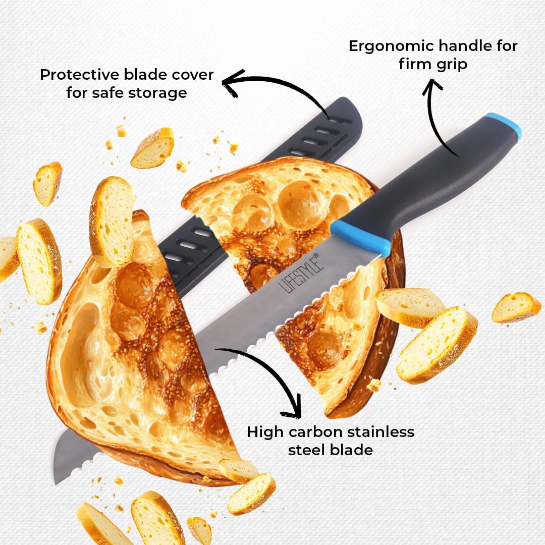 LIFESTYLE 20CM Serrated Bread Knife, Precision Kitchen Tool for Homemade Loaves, Pastries, and Baguettes, Ultra Sharp Blade for Clean Slices, Versatile Alternative to Utility, Paring, and Chef Knives