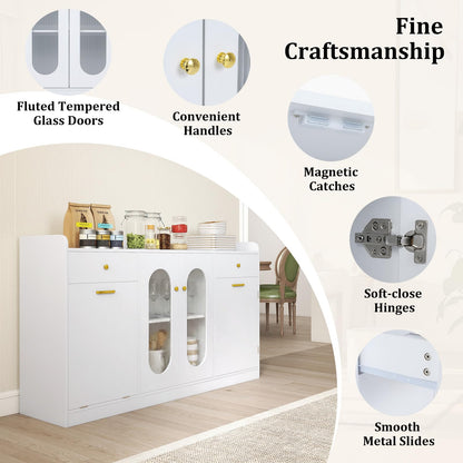 Giantex 55" Farmhouse Buffet Cabinet, Large Credenza w/Hidden Tilt Out Trash Can, 2 Glass Doors, 2 Drawers & Adjustable Shelves, Modern Sideboard Coffee Bar Cabinet for Kitchen, Dining Room (White)