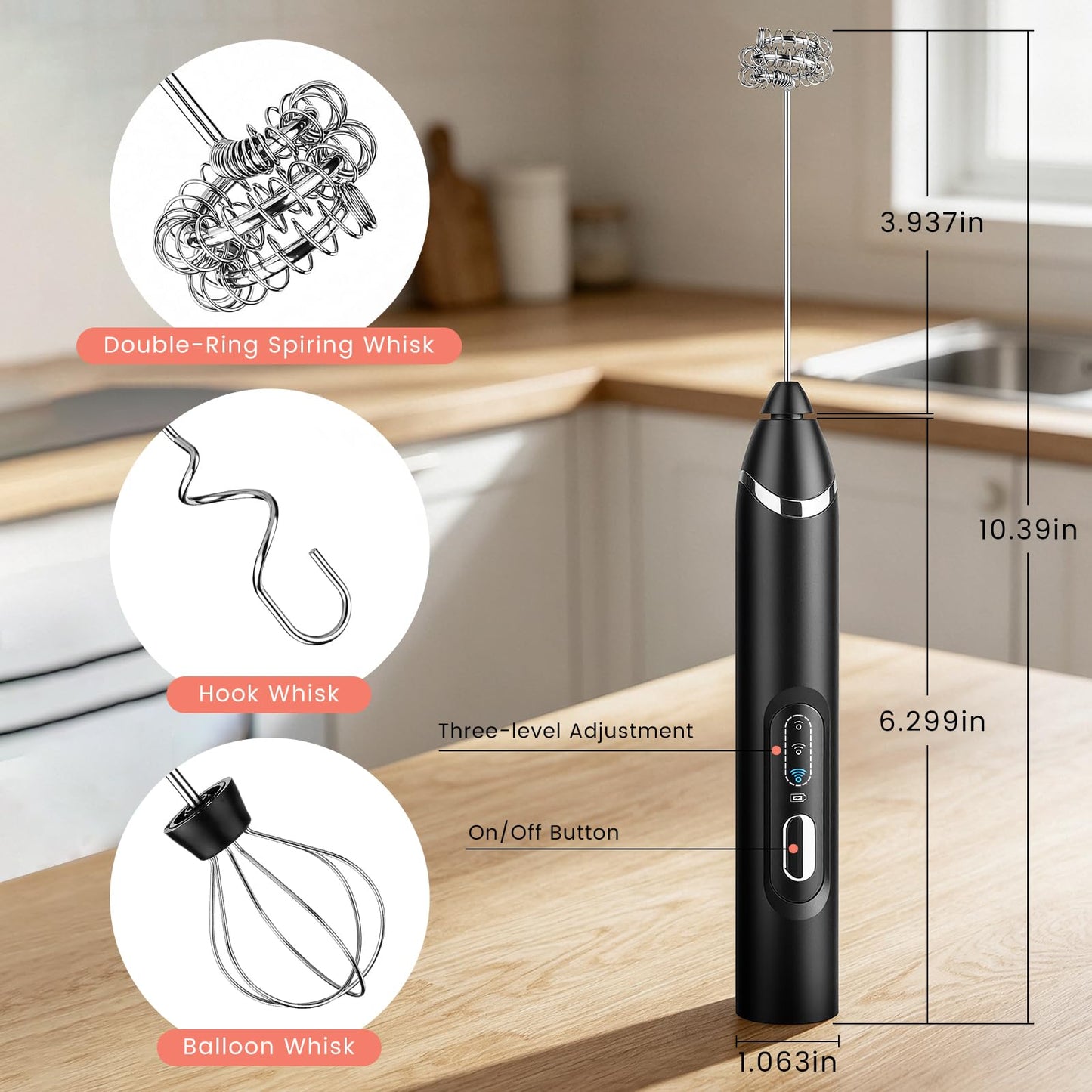 Nuthceia Handheld Milk Frother with Travel Case - Portable USB Rechargeable Mini Whisk for Coffee, Latte. Includes 3 whisks, storage, perfect for frothing milk, beating eggs, and blending drinks.