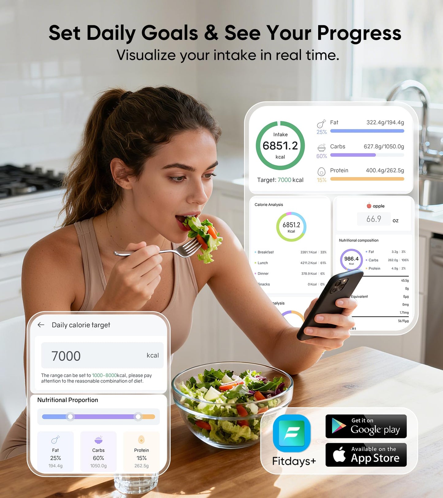 KUAIVO Smart Nutrition Food Scale with TFT Display, Tracks Calories, Fat, Carbs & Protein, Works with App for Daily Reports, 50 Built-in Foods, 23 Nutrients, Digital Kitchen Scale for Meal Prep
