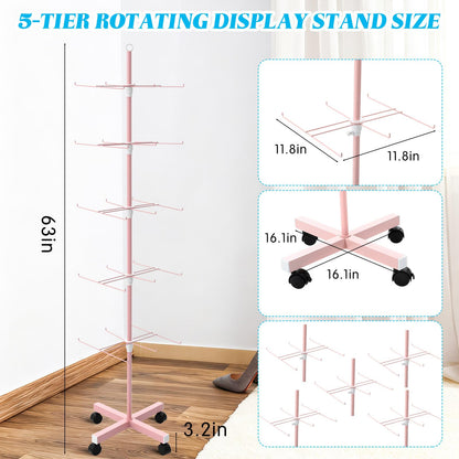 Ripeng 2 Pack 5-Tier Rotating Retail Display Stand, Adjustable Spinning Rack with Wheels for Jewelry Earrings Keychains Craft Shows Vendor Events, Pink