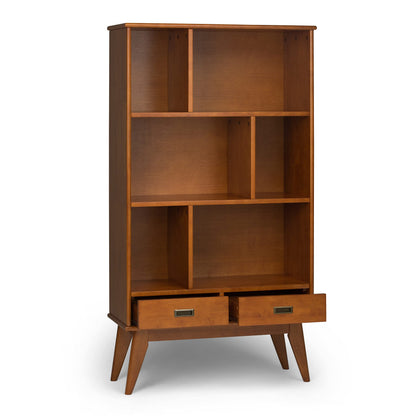 SIMPLIHOME Draper Bookcase - 64 inch Tall Solid Wood Wide Storage Bookshelf in Teak Brown, Mid-Century Modern Storage for Living Room, Study Room or Office with Adjustable Shelves and Tapered Legs