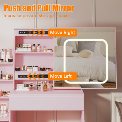 GarveeHome Vanity Desk with Sliding Mirror and Lights, Makeup Vanity Set with 4 Drawers, Stool, Power Outlet, Open Shelves, 3 Color Adjustable Lighting Modes, Makeup Dressing Table for Bedroom, Pink
