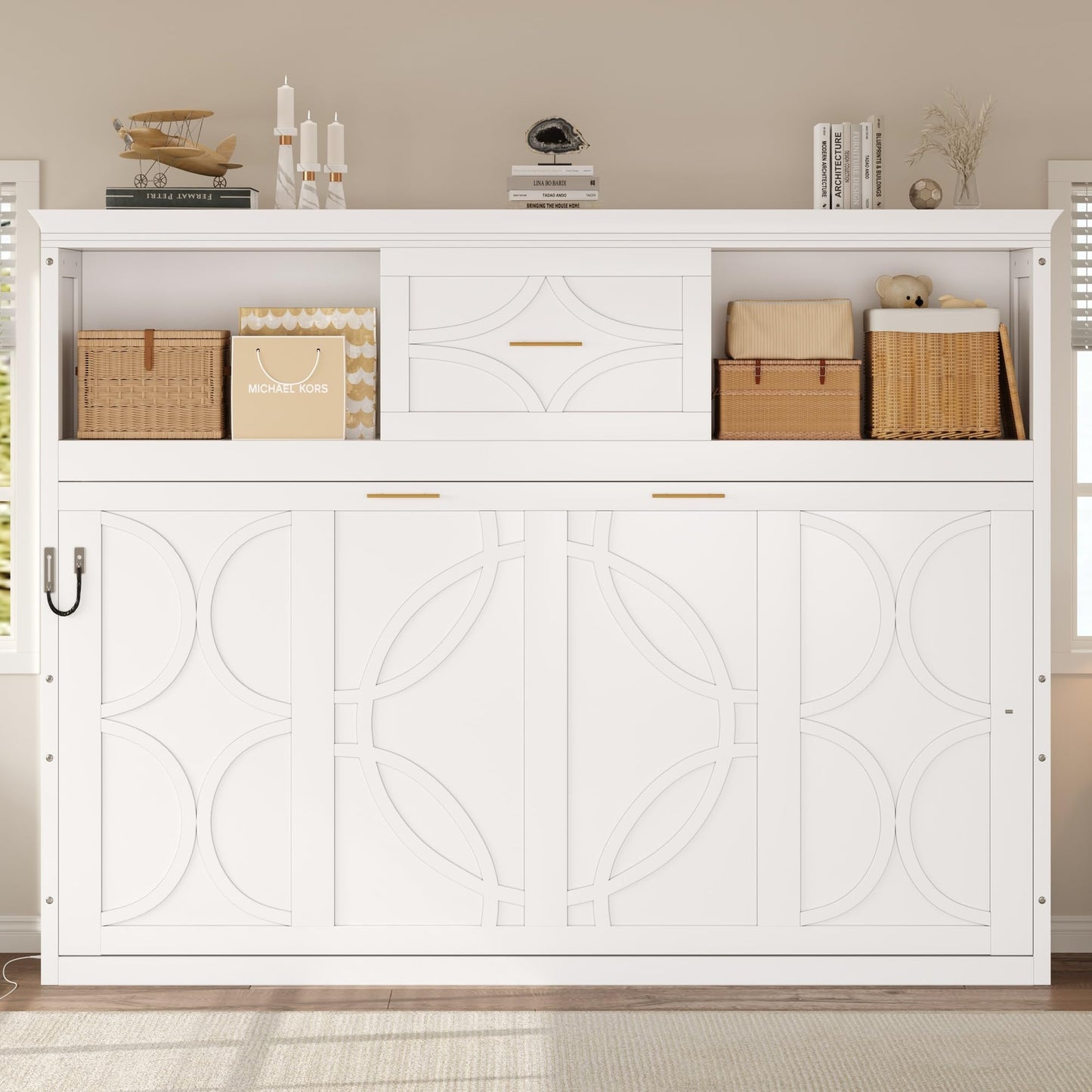Merax Farmhouse Wood Murphy Bed Chest with Charging Station & Drawer, Storage Wall Bed with Wood Slat Support/Space Saving, Twin,White
