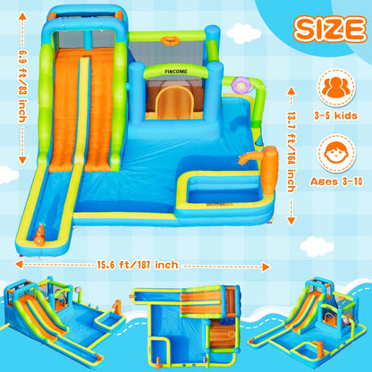 FINCOME Water Bounce House with Double Slide for Kids 3-10, Large Inflatable Water Bouncy Castle with Long Water Slide Jumping Climbing Pool Air Blower, Bouncy House for Party Birthday Holiday Summer