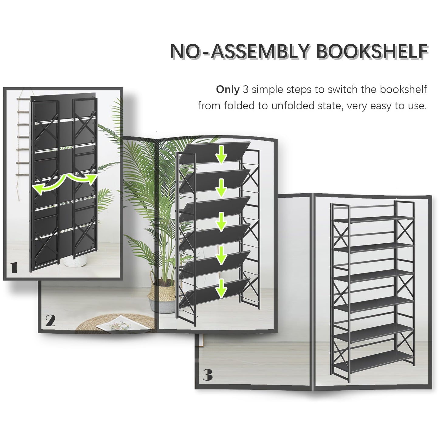 4NM Extra Wide 6 Tiers No Assembly Book Shelves, 61.8" H Folding Bookshelf Bookcase Open Industrial Foldable Shelves for Bedroom, Living Room, Home Office - All Black