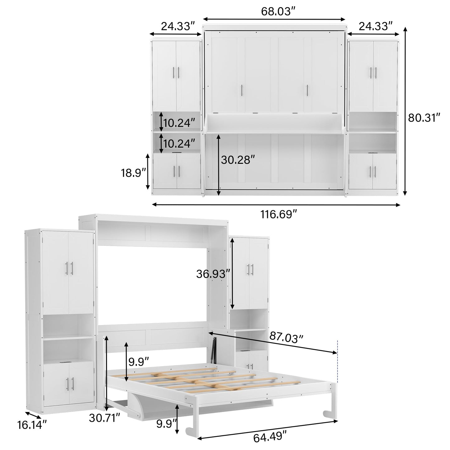 PVWIIK Queen Size Murphy Bed with Storage Drawers & Desk,Wall Bed Frame Folding into Cabinet Design w/Charging Station & Storage Shelf for Small Space,Bedroom,Guest Room,White