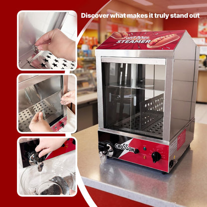 CROSSON 42L Hot Dog Steamer, 2-Tier Hot Dog Hut Steamer, Electric Bun Warmer with 86℉~185℉ Temperature Control，Tempered Glass Slide Doors Partition Plate Tong, Stainless Steel, for Hot Dogs & Buns