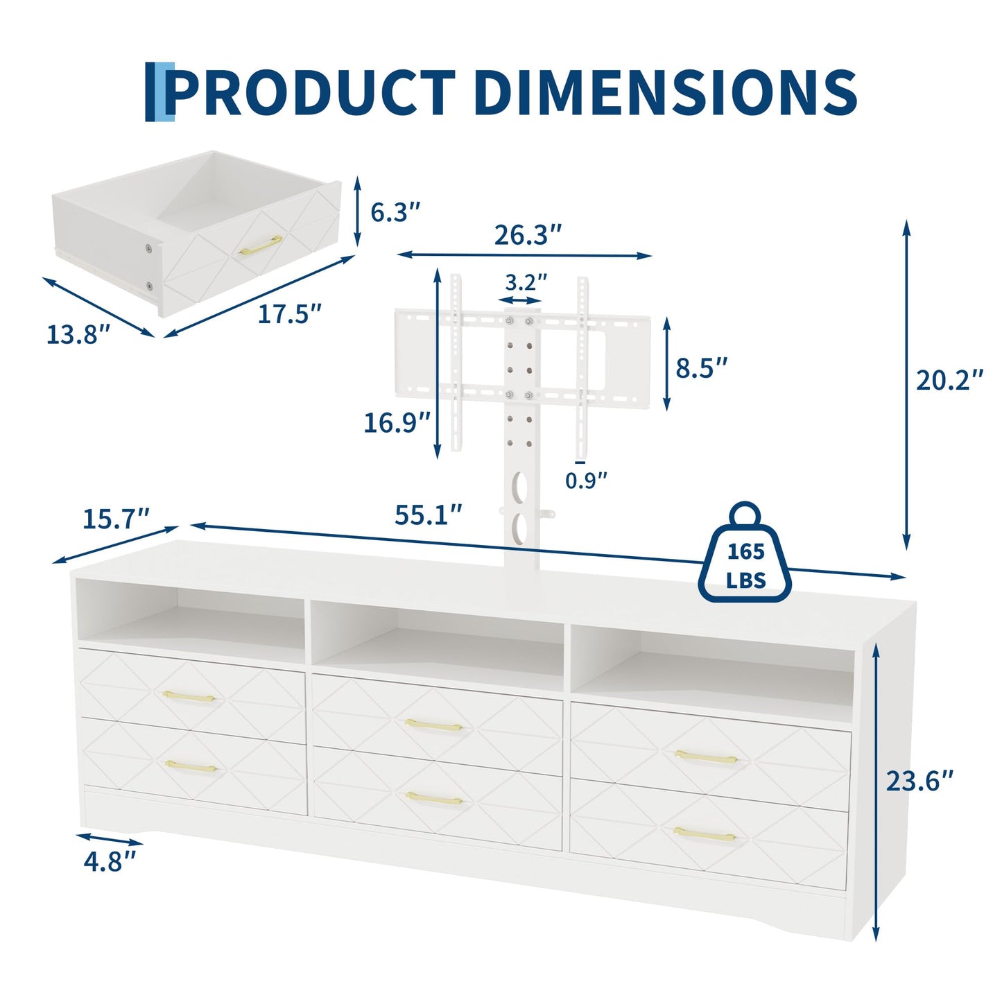 TV Stand With 6 Storage Drawers For Bedroom Living Room, Universal TV Stand With Mount Fit 32-80 Inch TVs, White Entertainment Center, Farmhouse Wood Media Console Tables With Height Adjustable Mount
