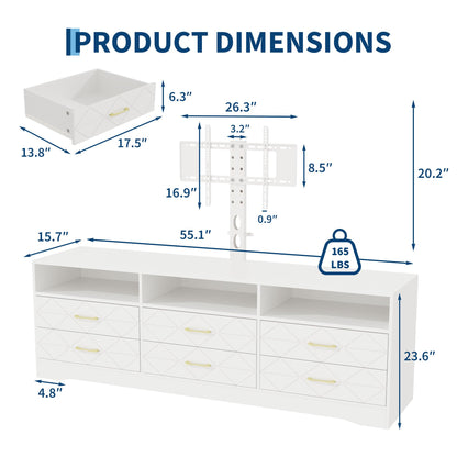 TV Stand With 6 Storage Drawers For Bedroom Living Room, Universal TV Stand With Mount Fit 32-80 Inch TVs, White Entertainment Center, Farmhouse Wood Media Console Tables With Height Adjustable Mount