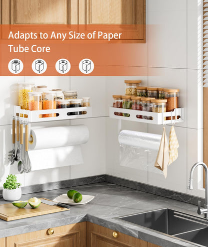 Paper Towel Holder Wall Mount with Shelf, Easy One Hand Tear, Adhesive Glue or Drill Mount Hanging Paper Towel Holder with Shelf for Kitchen/Bathroom/RV, White Metal, 4 Hooks