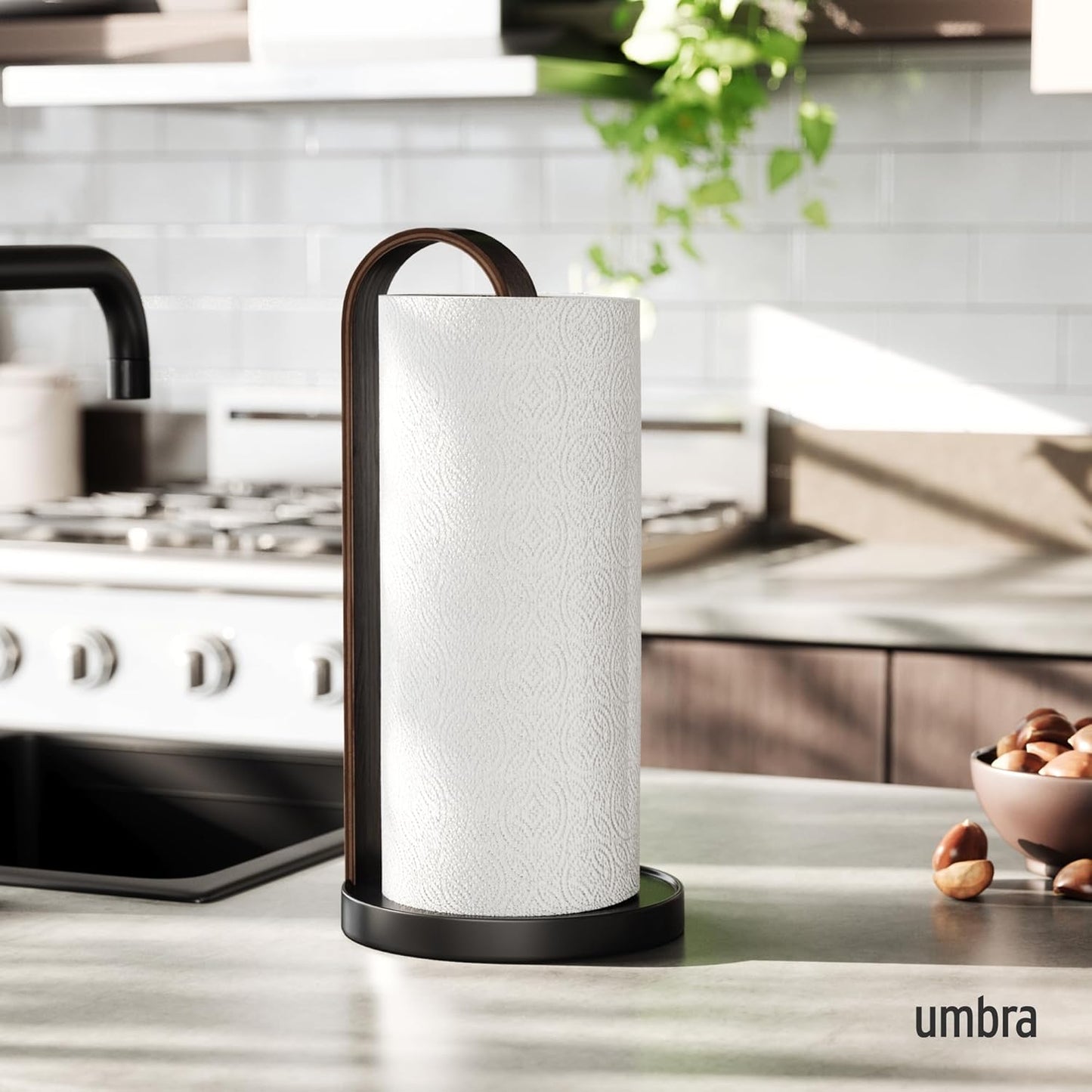 Countertop, Umbra Bellwood Paper Towel Holder for Kitchen with Real Wood Stand and Weighted Metal Base, Black/Walnut