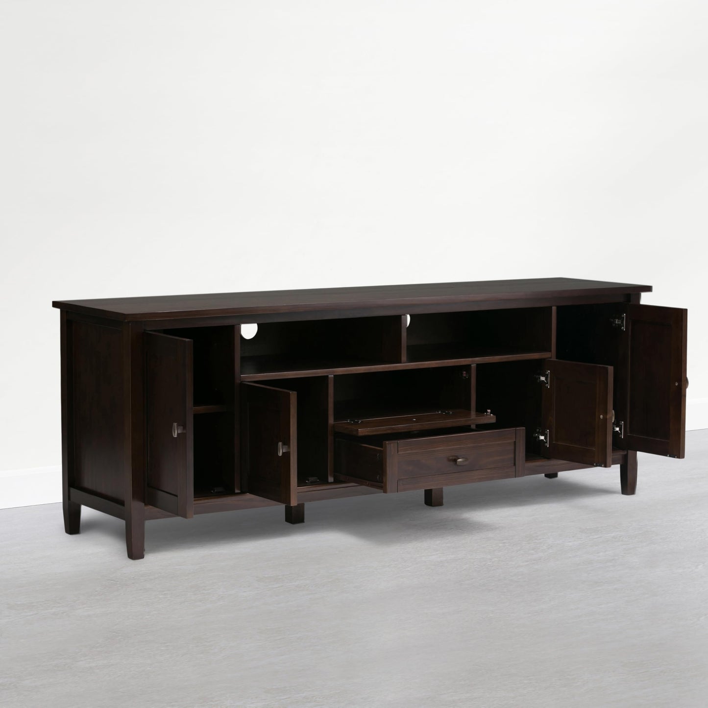 SIMPLIHOME Warm Shaker TV Stand - 72 inch Wide Solid Wood Media Console in Mocha Brown, Transitional Entertainment Center for Living Room for TVs up to 80 Inches with Cabinets and Cable Management