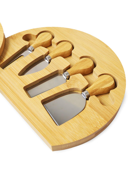 RoyalHouse Bamboo Round Cheese Board and 4 Knives Set with Slide-Out Cutlery Drawer - Charcuterie Boards Set - House Warming Gifts New Home, Wedding Gifts for Couple 2025, Bridal Shower
