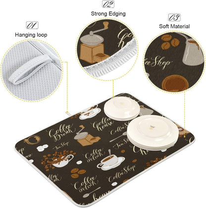 Coffee Beans Dish Drying Mat, 16 x 18 Inch Absorbent Microfiber Drying Pad for Kitchen Countertops