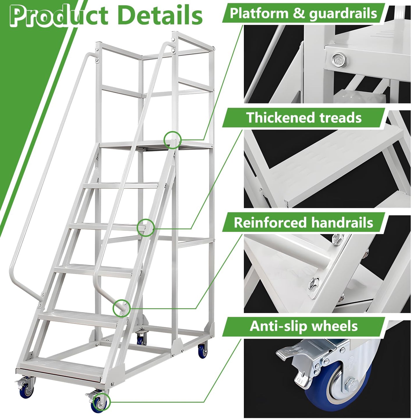 6 Steps Rolling Ladder, Mobile Platform Ladders with Handrails, Industrial & Warehouse Non-Slip Stair Ladder, Heavy Duty Step Ladders for Home Library Outdoor, 1100lbs Capacity