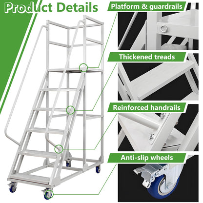 6 Steps Rolling Ladder, Mobile Platform Ladders with Handrails, Industrial & Warehouse Non-Slip Stair Ladder, Heavy Duty Step Ladders for Home Library Outdoor, 1100lbs Capacity