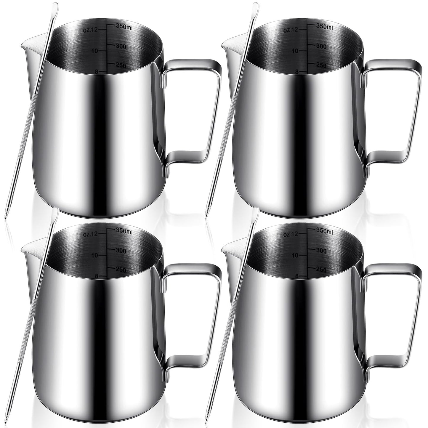 Dandat 4 Pcs Milk Frothing Pitcher 12 oz Espresso Steaming Pitcher Milk Frother Cup with Latte Art Pen Stainless Steel Coffee Bar Espresso Machine Accessories Cappuccino Barista Tools