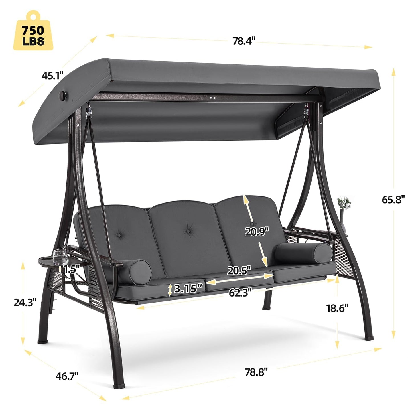 HOMREST 3 Person Outdoor Porch Swing with 1.5" Upgraded Cup Holder, Adjustable Canopy, Backrest, Patio Swing Bed with Weather Resistant Steel Frame, Cushions for Garden,Deck and Poolside(Gray)