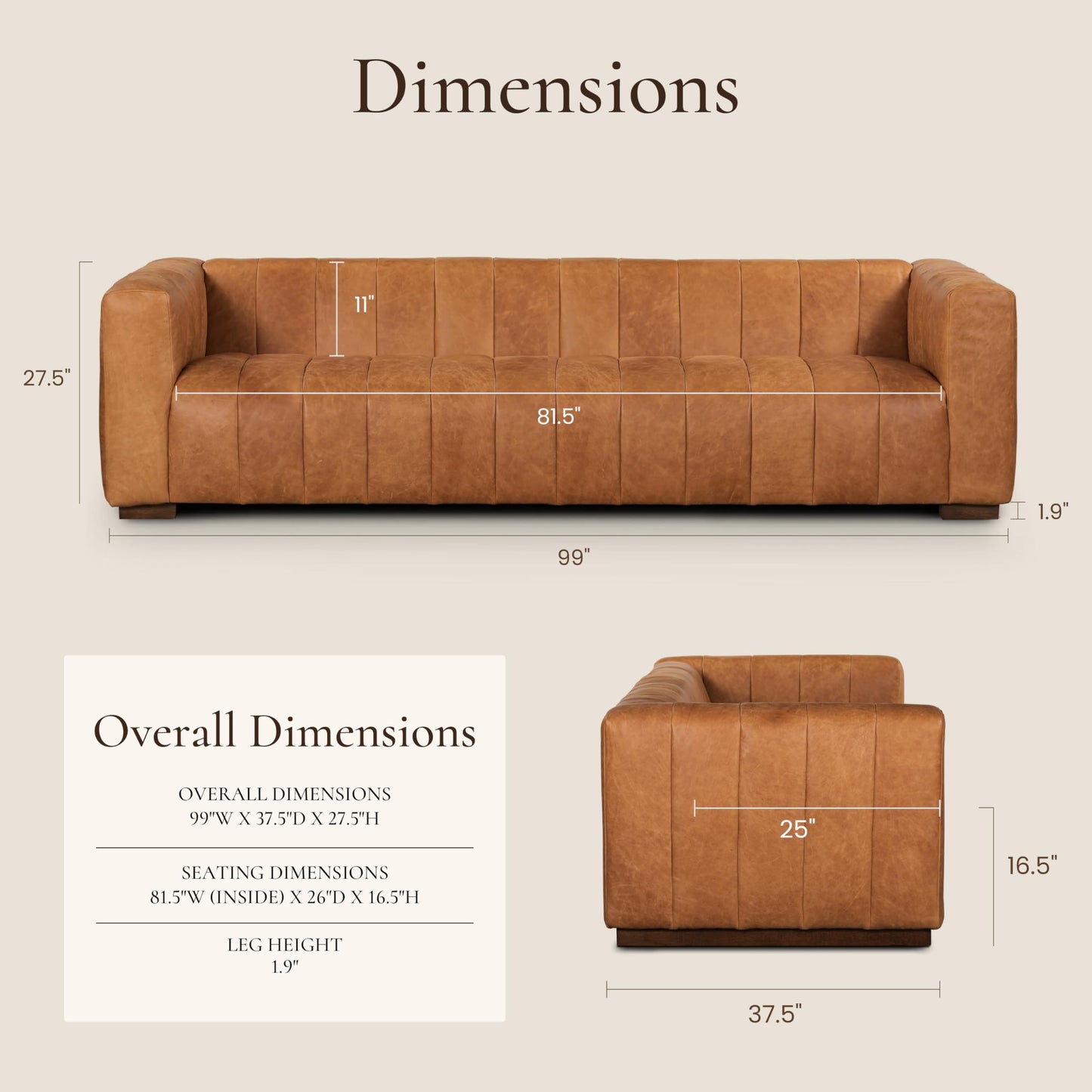 Poly & BARK Canale 99” Sofa – Modern 3-Seater Couch for Living Rooms – Performance Fabric Upholstery, High-Density Foam Cushions, Tapered Legs, Minimal Assembly – Cognac Tan
