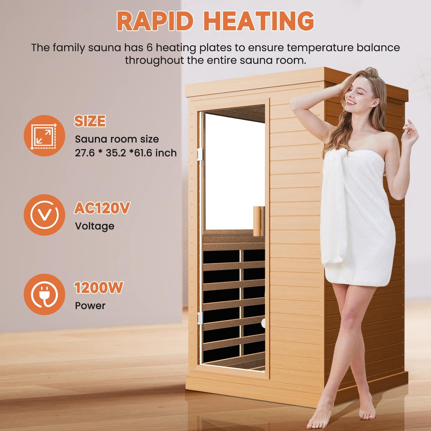 OUTEXER Far Infrared Sauna Home Sauna Spa Room Canadian Hemlock Wood 1200W Indoor Saunas Low EMF 110V with 7 Color Light and Tempered Glass Door, Room: 35.2 * 27.6 * 61.6Inch