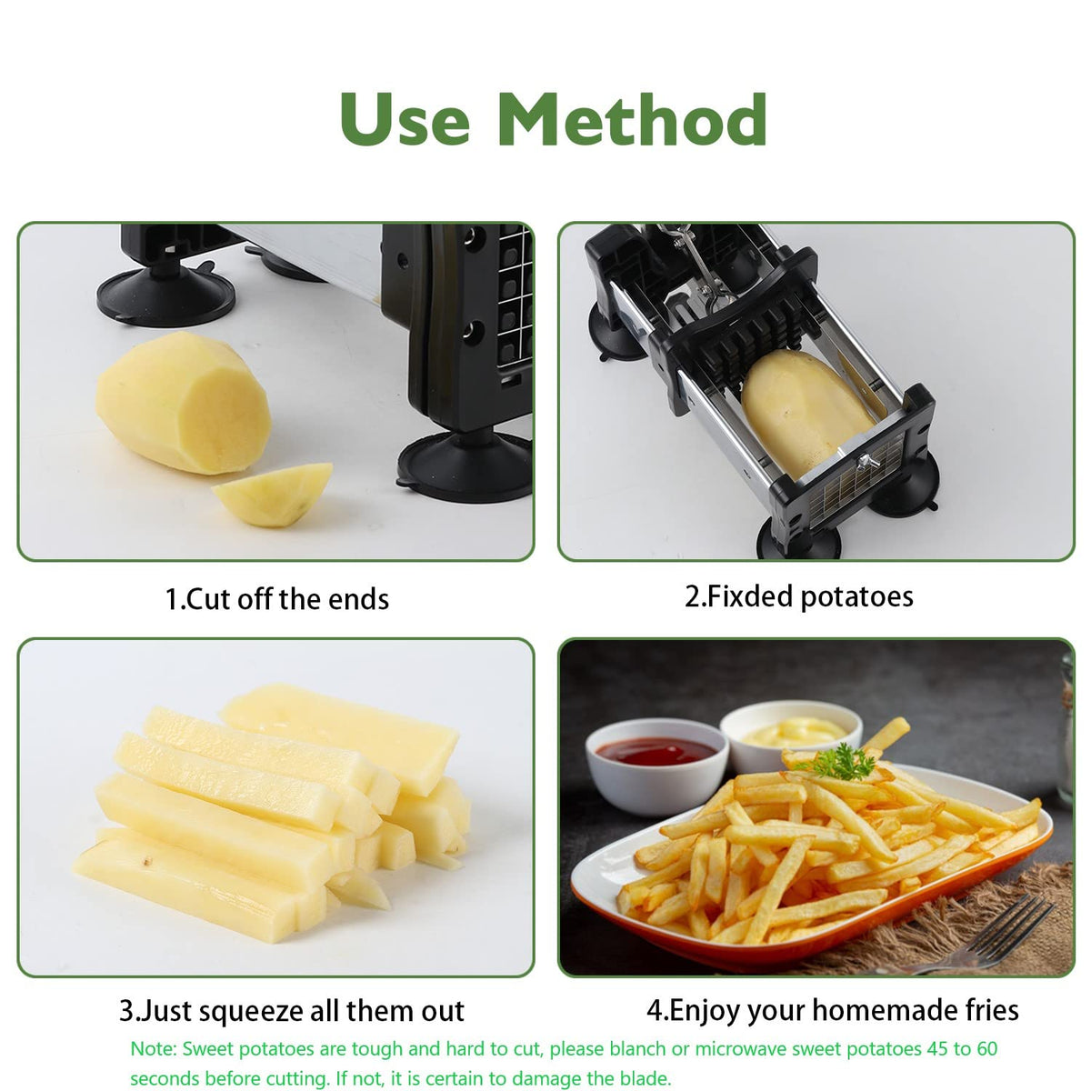 Votron French Fry Cutter Potato Cutter Stainless Steel with 2 Size Durable Blades for Vegetables, Potato, Onions, Carrots, Cucumbers, Fruits, Apples