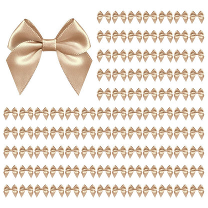100 PCS Bows for Gift Wrapping, 2.75" Satin Ribbon Bows with Double-Sided Tape, Small Bows for Crafts, Bow Decor, Mini Bows Decorations for Party Baby Shower Birthday Wedding (Khaki)