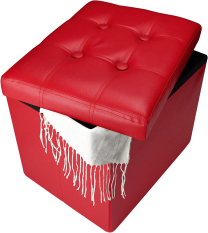 17x13x13in,Red Bsketa Storage Ottoman, Folding Foot Stool with Thicker Foam Padded Seat Small Leather Storage Ottoman