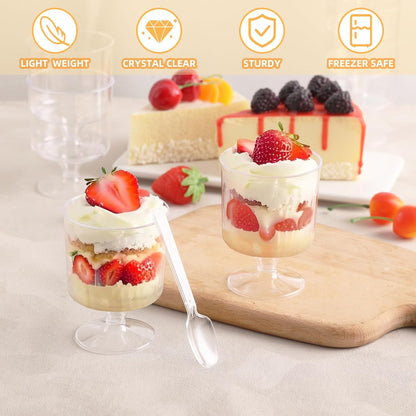 120 5 OZ Pcs Dessert Cups with Spoons - Mini Clear Plastic Dessert Parfait Cups - Round Serving Goblet Cup for Party