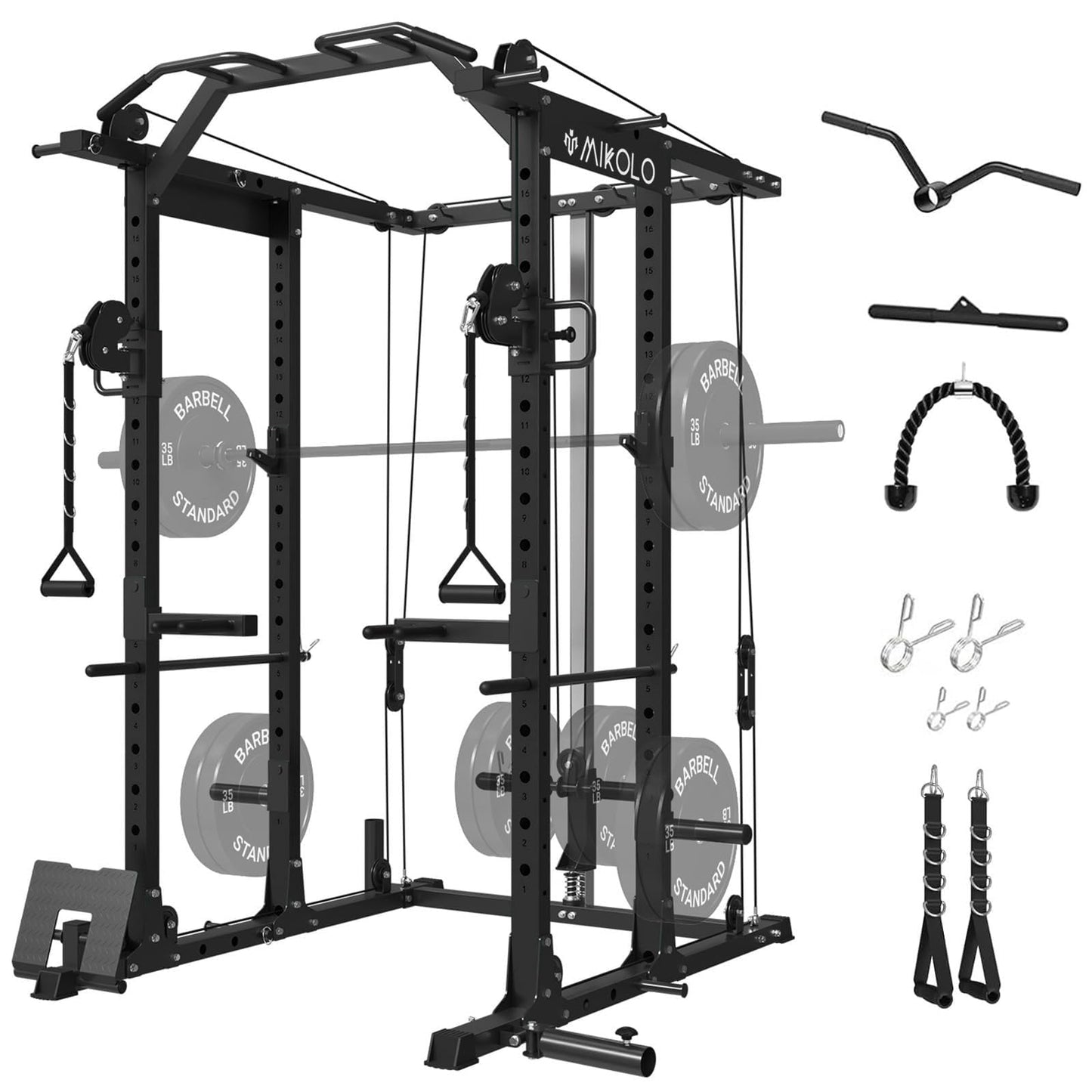 Mikolo Power Cage, Power Rack with Cable Crossover System, 1500LBS Squat Rack with LAT Pull Down System, Workout Cage with Pulley System for Fitness Home Gym