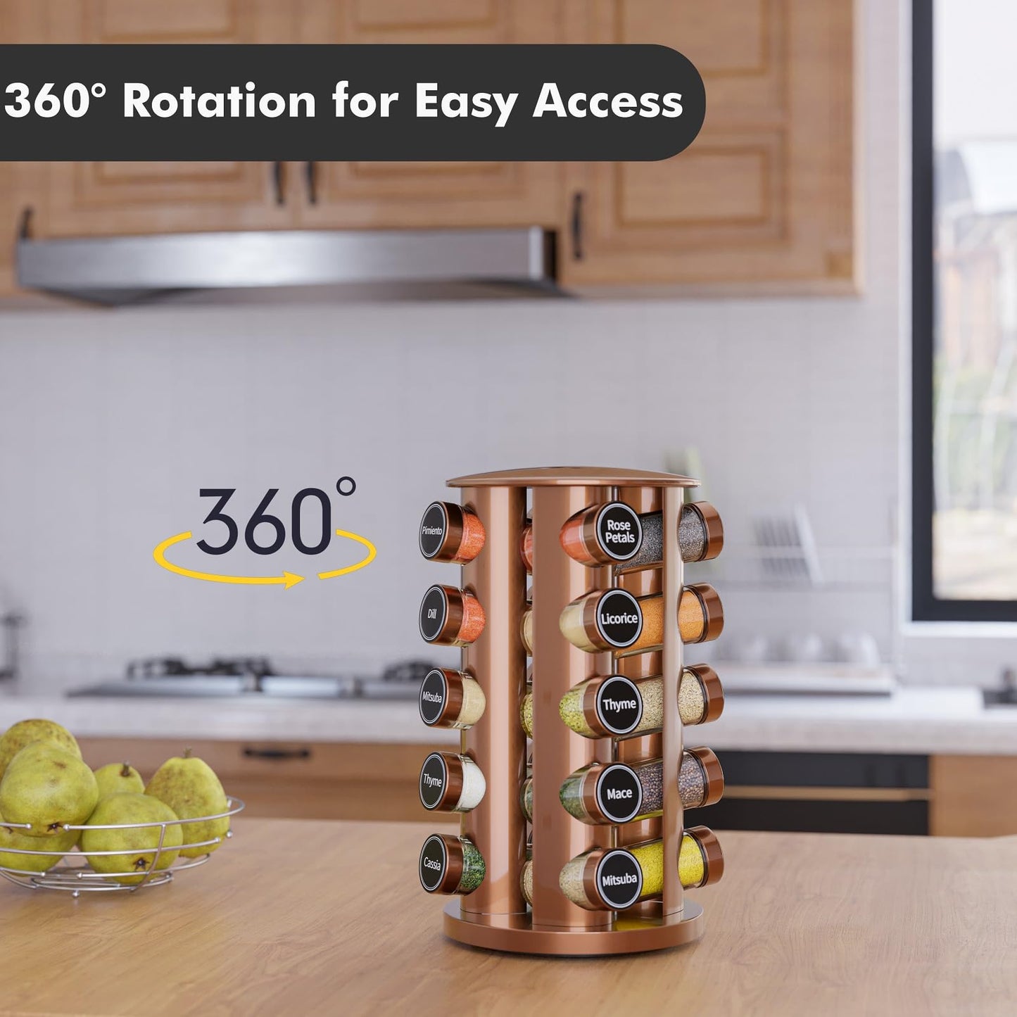 New England Stories Revolving Spice Rack Set with 20 Spice Jars, Kitchen Spice Tower Organizer for Countertop or Cabinet - Carousel Storage Includes 386 Spice Labels (Gold)