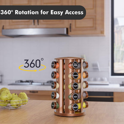 New England Stories Revolving Spice Rack Set with 20 Spice Jars, Kitchen Spice Tower Organizer for Countertop or Cabinet - Carousel Storage Includes 386 Spice Labels (Gold)