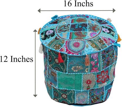 Rastogi Handicrafts Indian Traditional Home Decorative Ottoman, Handmade Pouf with Patch Work and Embroidery