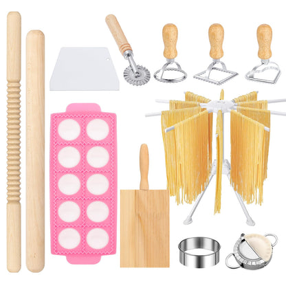 12PCS Pasta Maker Tool Set, Ravioli Mold Set, Ravioli Maker with Roller Wheel, Ravioli Cutter Set with Wooden Handle, Pasta Making Kit for Ravioli Press Mold Pasta Making Kit Accessories for Home (12)