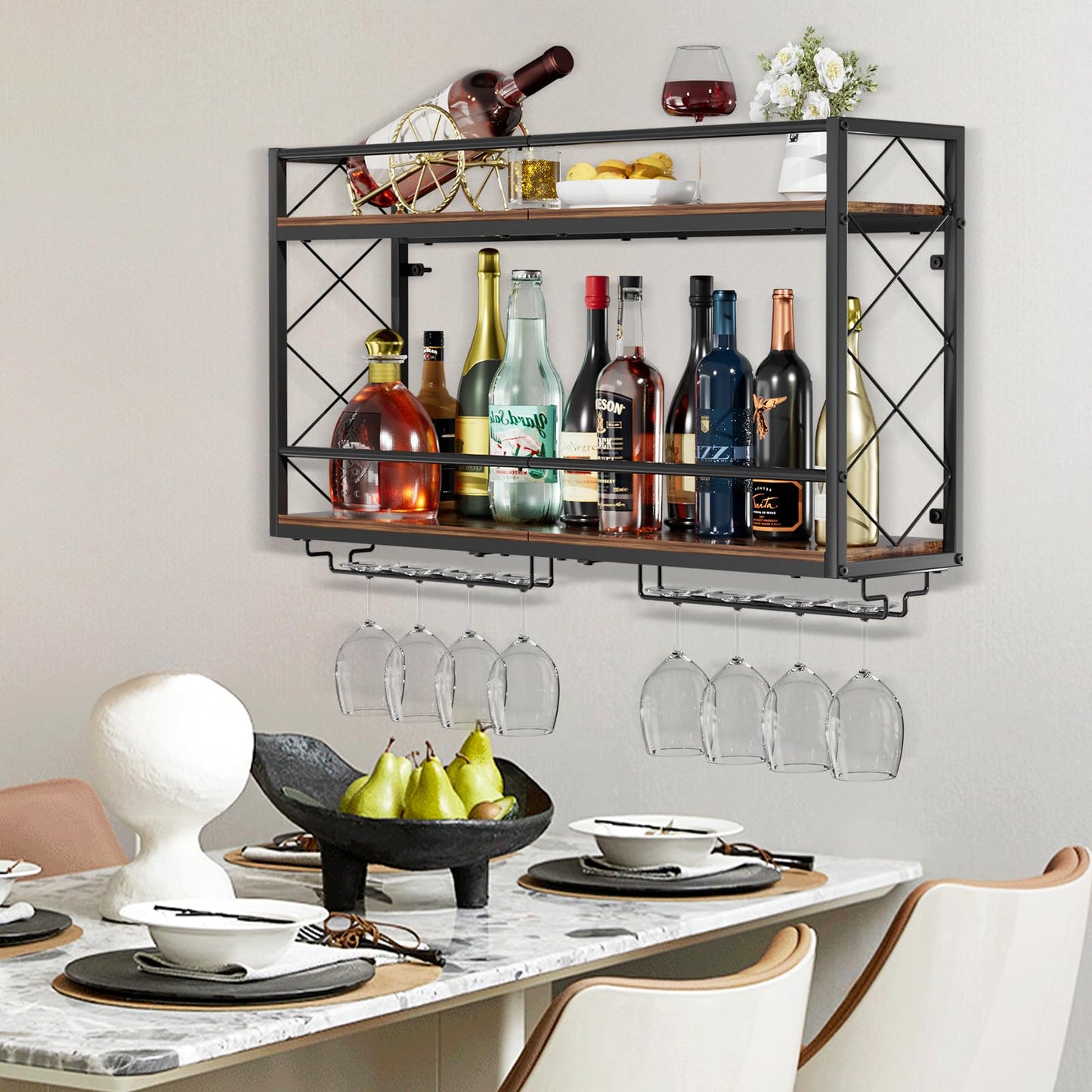 NEYCIL Wine Rack Wall Mounted 2 Tier Wall Wine Rack with Glass Holder, Double Layer Anti-Drop Crossbar, 31.5" Metal Wood Wall Mount Wine Holder for Home Kitchen Dining Room Coffee Shop Bar, Black