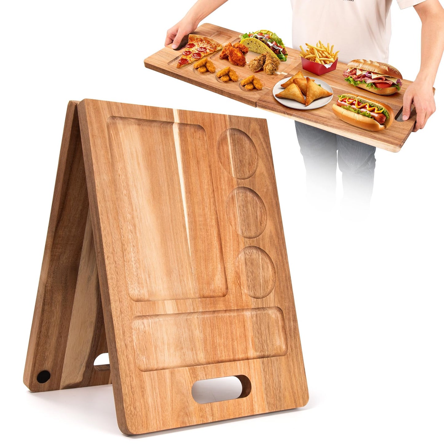 Large Acacia Wood Charcuterie Boards with Containers，33×12Inch Foldable Serving Tray for Kitchen Serving Tray Dessert Fruit Charcuterie Party