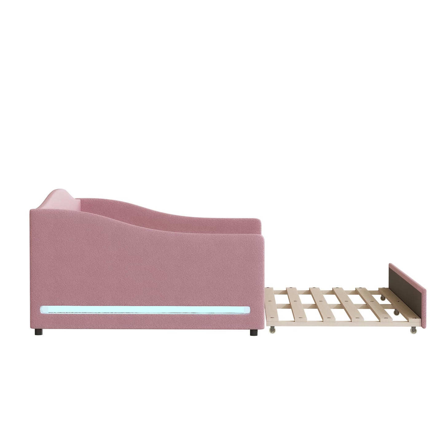 Acosure Teddy Fleece Full Size Upholstered Daybed with LED Light and Trundle,Modern Wood Platform Bed W/Side Stripes,Easy Assembly,for Bedroom,Living Room,Guestroom,Beige
