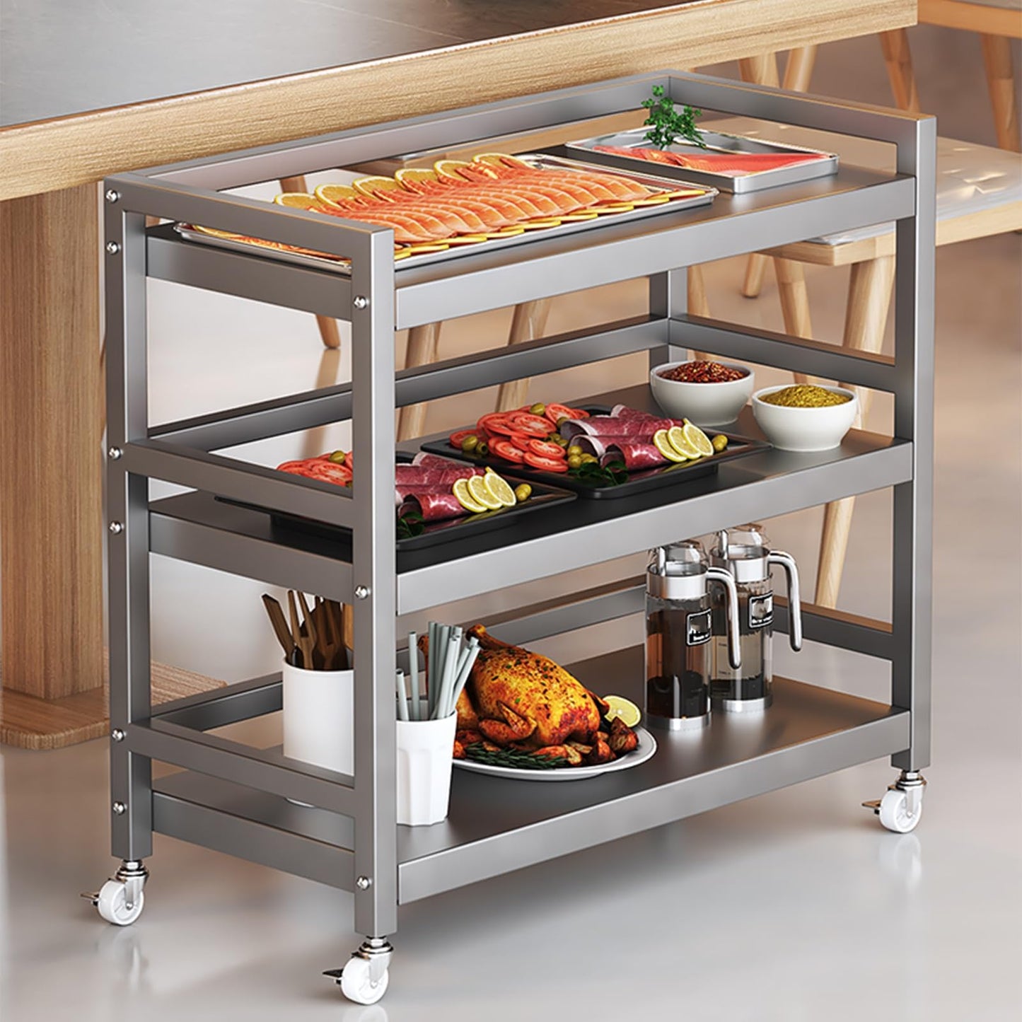 Stainless Steel Rolling Cart, Kitchen Utility Storage Cart with Locking Wheels for Lab, Clinic, Kitchen, Salon - Multi-Layer Design