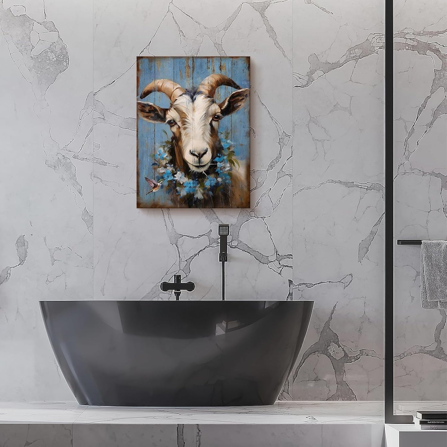 Ooeiiiy Farmhouse Goat Canvas Wall Art, Cute Goat With Flower Wall Decor Poster Prints Framed Artwork 12''X16''