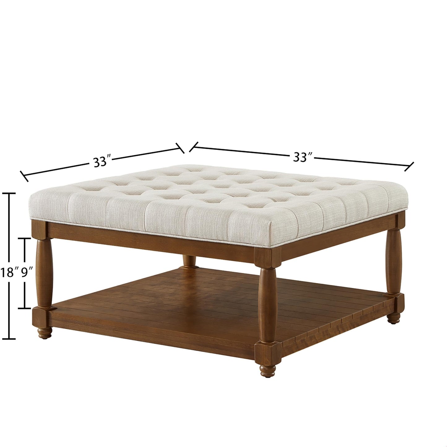 GDFStudio Large Square Upholstered Tufted Linen Ottoman Coffee Table with Solid Wood Frame and Open Storage Shelf, Nailhead Trim Accent Footrest for Living Room, Ivory