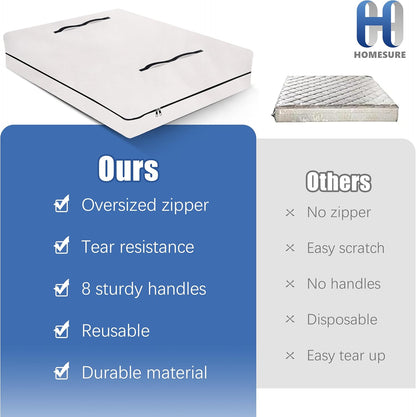 Mattress Bags for Moving and Storage - Heavy Duty with 8 Handles, Strong Zipper Closure, Semi-Transparent