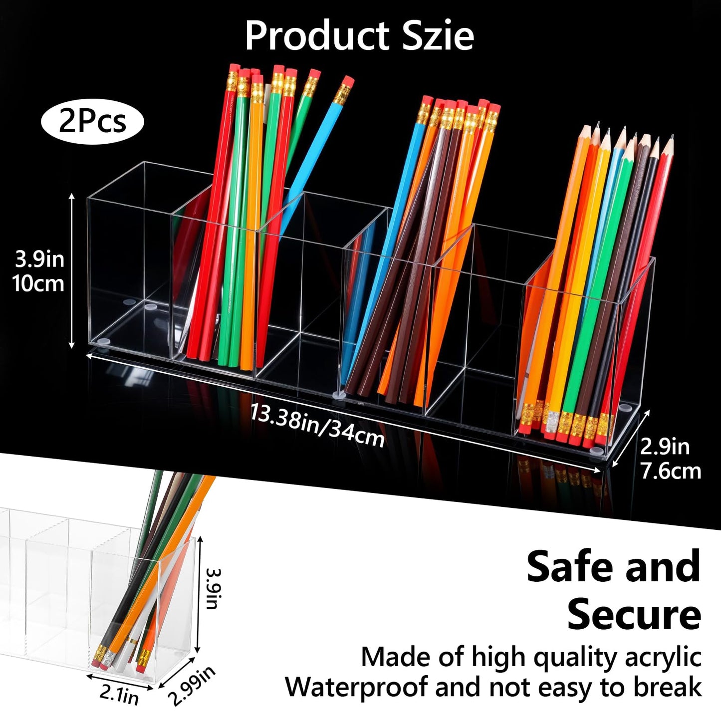 Caeuiciw 2 Pcs Acrylic Pen Holder 6 Compartments Makeup Brush Stationery Organizer Pencil Holder for Accessories Cosmetic Brushes Office Bathroom Kitchen Supplies,Clear