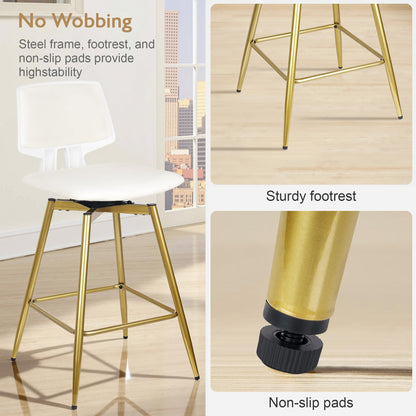 VECELO Swivel Upholstered Bar Stools Set of 4, Counter Height Barstools with Back, Metal Legs, 35.2-Inch Tall Barstools for Kitchen Island, Home Bar, Cafe, White