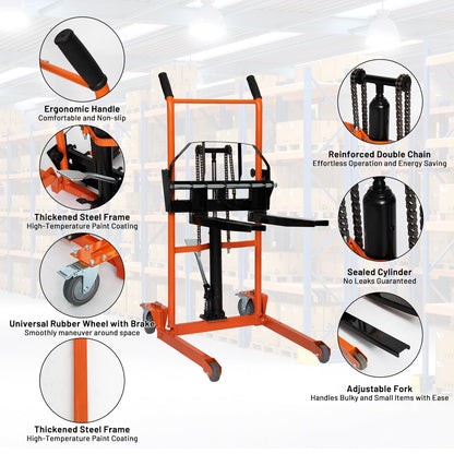 Reykilor Hydraulic Material Lift Winch Stacker w/Wheels, Foldable Forklift Pallet Stakcer, Heavy Duty Rolling Manual Lift Table, Adjustable Pallet Truck Carrier Dolly Fork Lift for Warehouse Garage