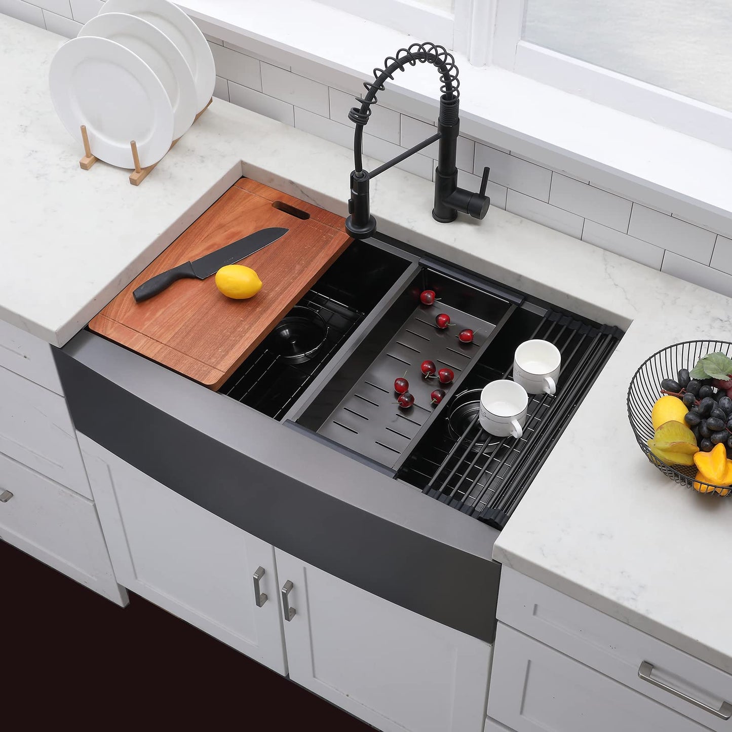 VCCUCINE 33 Inch Gunmetal Black Double Farmhouse Sink, 33X22 Double Bowl Farmhouse Kitchen Sink, 16 Gauge 50/50 Stainless Steel Apron Front Farm Sink, Workstation Farmer Sink With Accessories