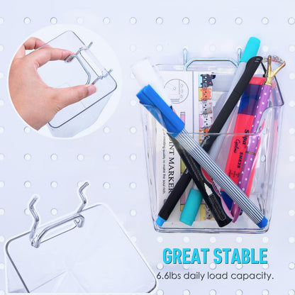 G.CORE Large Pegboard Cups Peg Board Storage Bin 6 Pack with Hooks, Square Box Shape Pegboard Cup Holder Accessories for Garage Workbench/Craft Room/Office/Playroom/Home Kitchen Organization (Clear)