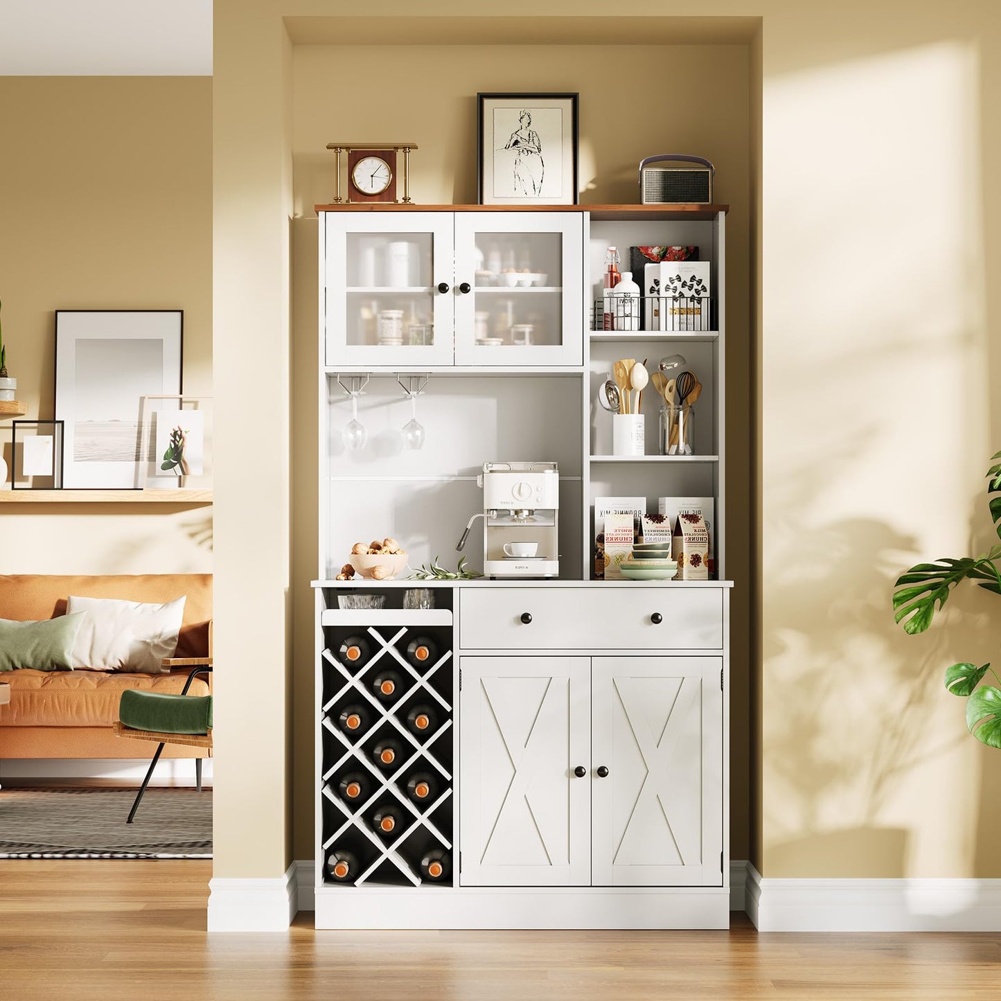 GarveeLife Tall Coffee Bar Cabinet with Wine Rack – Modern Sideboard Buffet, Barn Doors, Storage Hutch, Power Outlets, Glass Holder – for Dining Room, Kitchen, or Living Room – White + Light Walnut