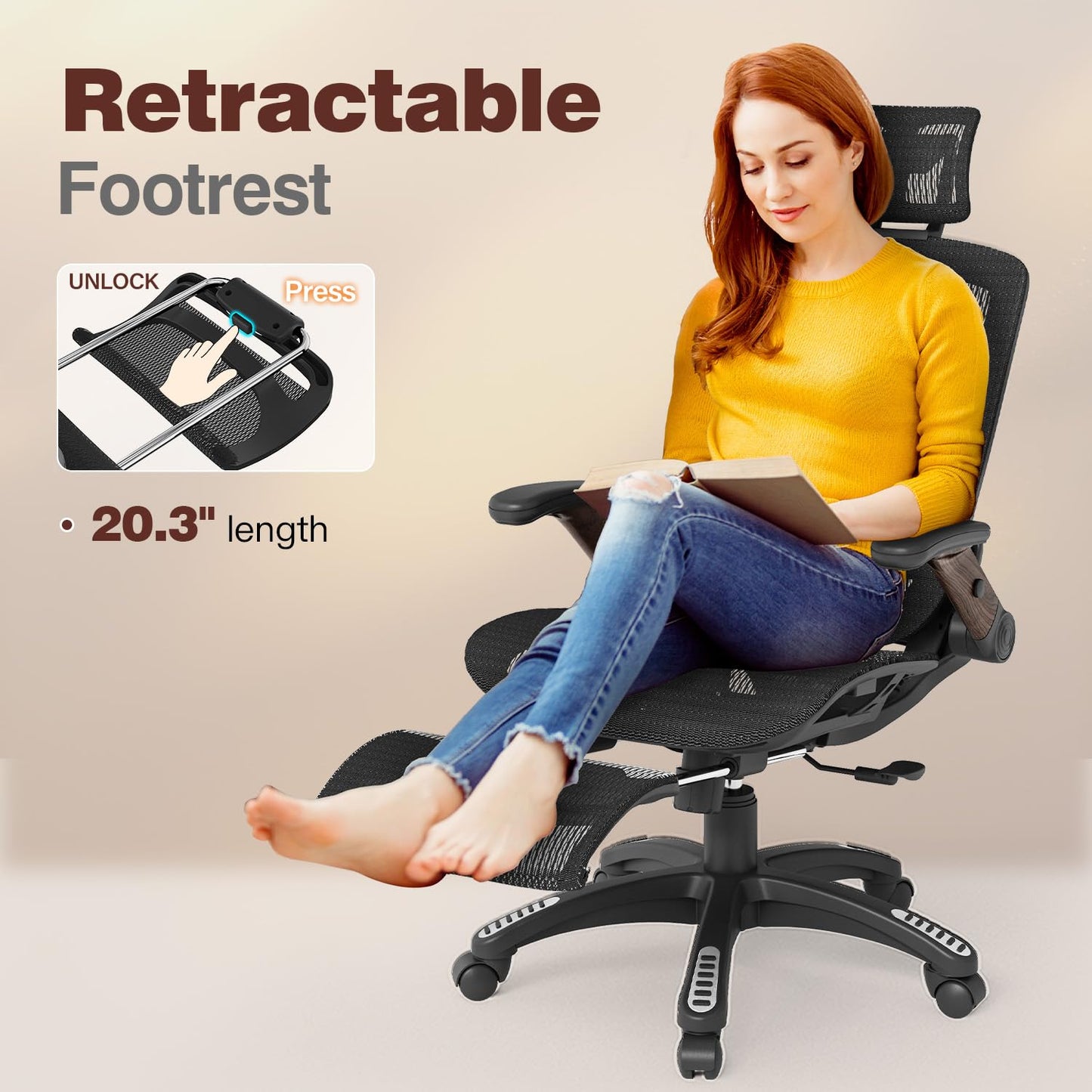 GABRYLLY Ergonomic Office Chair with Footrest, High Back Mesh Computer Chair with Flip-Up Arm, 3D Headrest, 135° Reclining, Rolling Gaming Task Chair with Wide Seat Lumbar Support,300LBS
