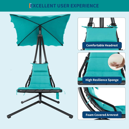 GarveeLife Chaise Lounger Swing Chair with Umbrella Canopy, Patio Hanging Chaise Lounger Chair with Stand, Curved Steel Outdoor Lounge Chairs for Indoor Patio Pool Garden Backyard Porch