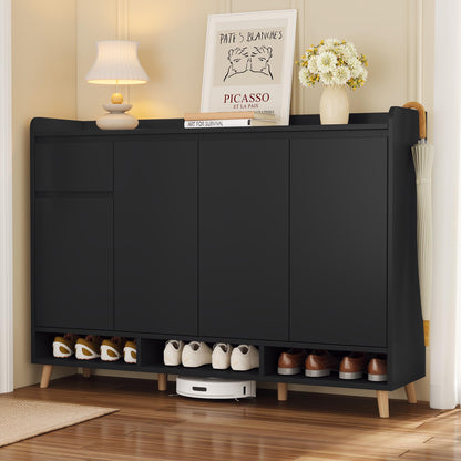Ball & Cast 55" Modern Shoe Cabinet with Doors and Drawer, Freestanding Shoes Rack with Solid Wood Legs & Adjustable Shelf, Storage Sideboard for Entryway,Living Room,Hallway,Bedroom Black